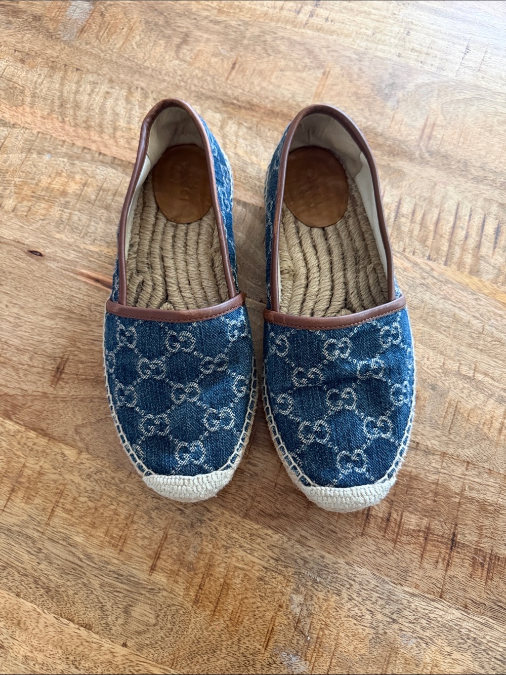 Gucci Womens Denim GG Espadrilles with Brown Trim